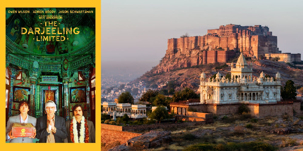 A movie poster for The Darjeeling Limited and a sunset view of the city of Jodhpur.