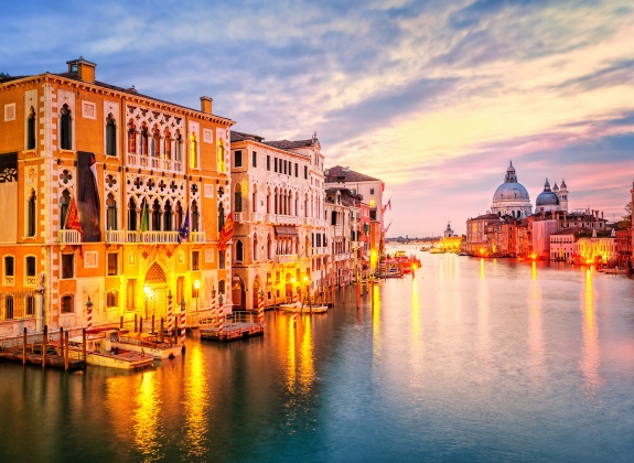 The Grand Canal and basilica Santa Maria della Salute on sunrise