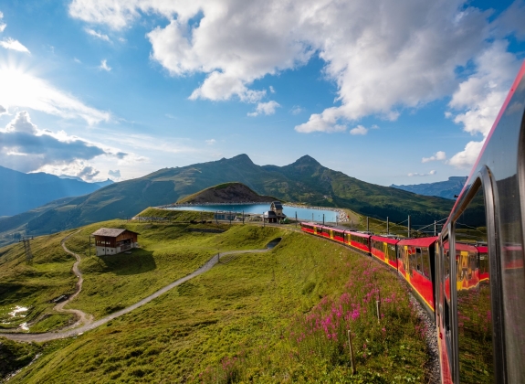 A train travels down a mountainside in summer
