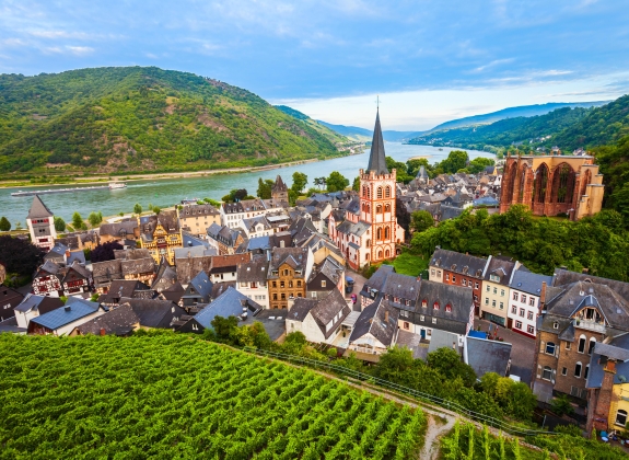 Bacharach aerial panoramic view. Bacharach is a small town in Rhine valley in Rhineland-Palatinate, Germany