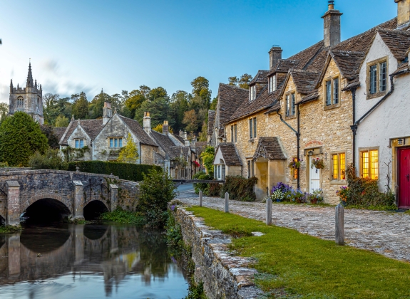 View of Castle Combe, a village and civil parish within the Cotswolds Area of Natural Beauty in Wiltshire, England