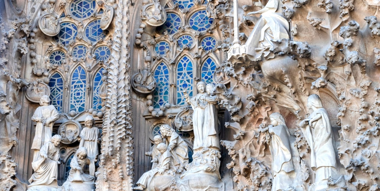 Detail of the facade of sacred family "La Sagrada Familia" , cathedral designed by Gaudi, being built since 19 March 1882 with people donations