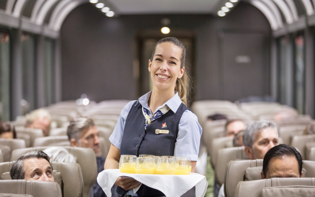 hostess in Silverleaf class onboard the Rocky Mountaineer