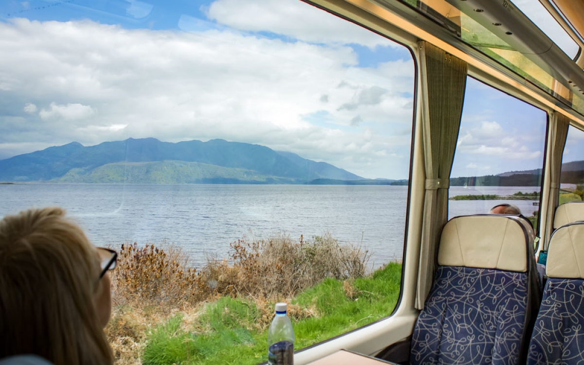 Looking out of the Window at Lake Brunner Moana on the Tranz Alpine train in New Zealand