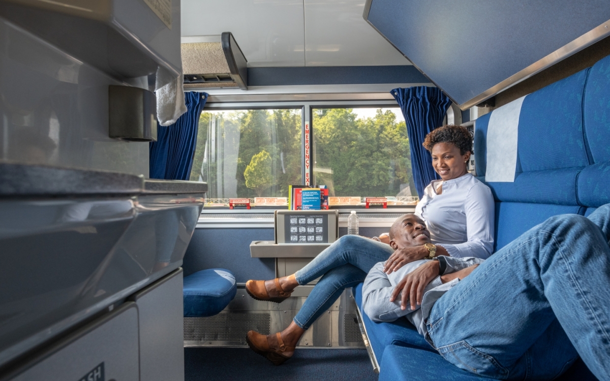 couple in an amtrak private bedroom