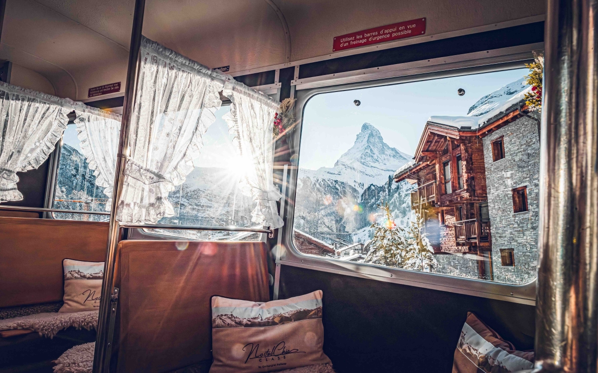 view out the window of nostalchic class onboard the gornergrat 
