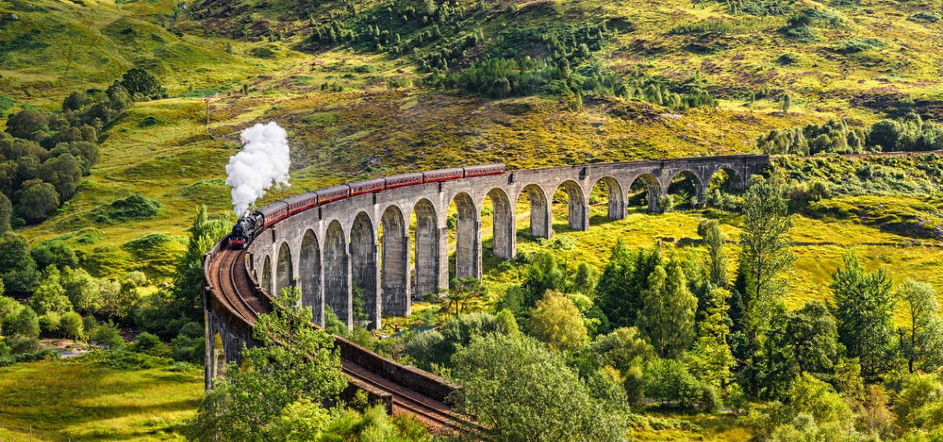 A steam train travels over a viaduct