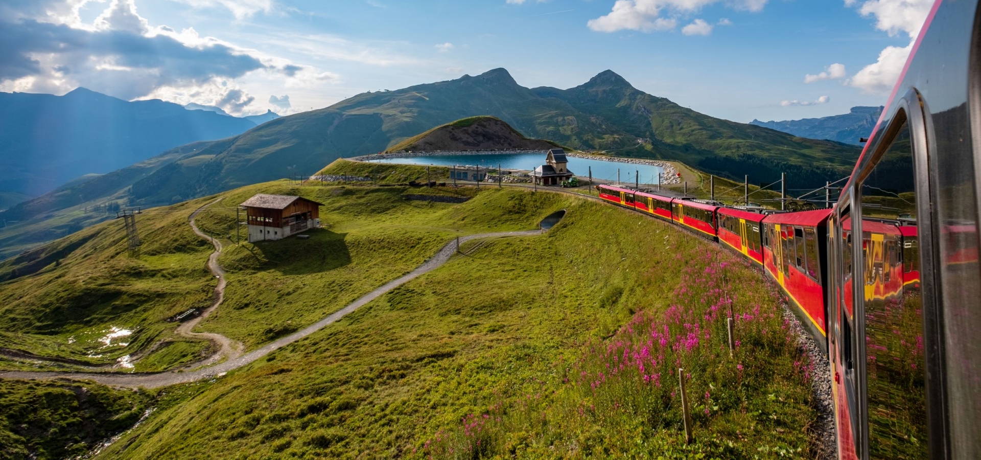 Views from the Jungfrau  A train travels down a mountainside in summer