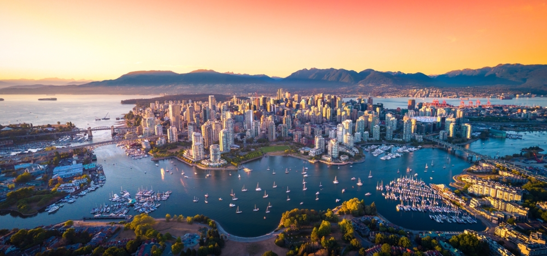 Beautiful aerial view of downtown Vancouver skyline, British Columbia, Canada at sunset