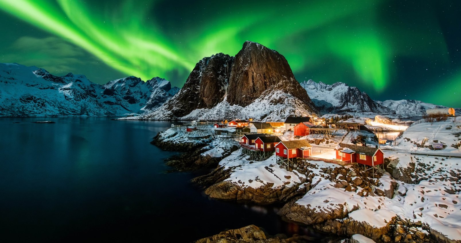 Aurora borealis (northern lights) over Hamnoy in Norway