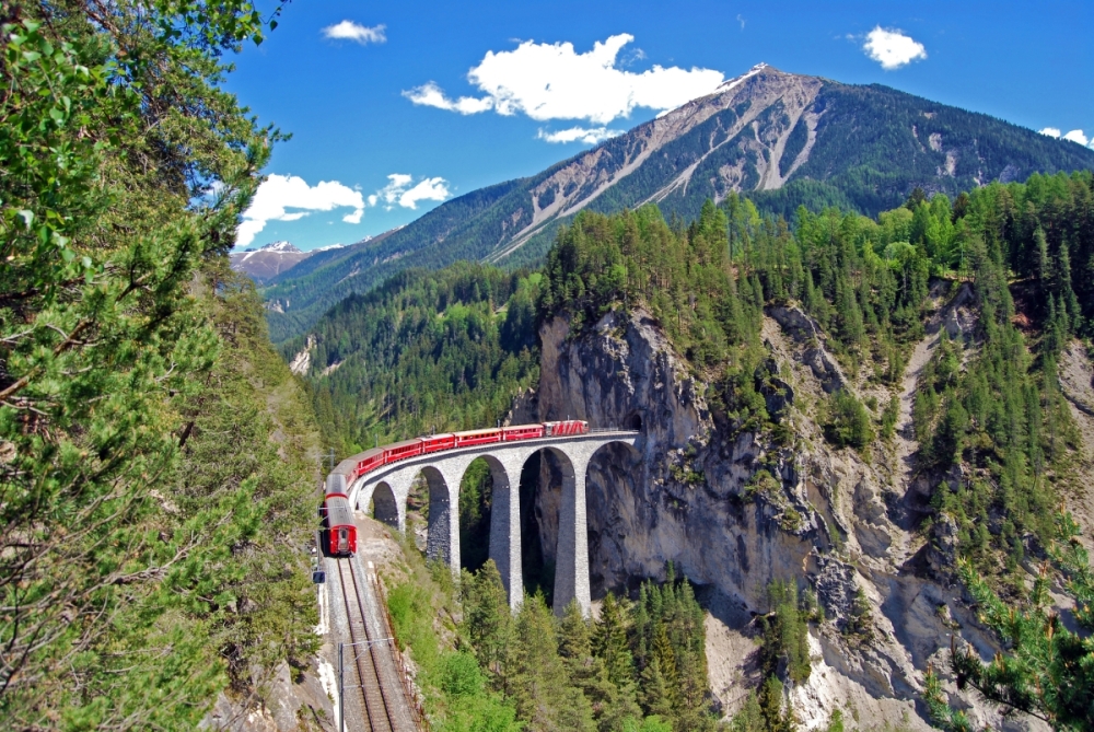 A train travels over the Landwasser Viaduct.