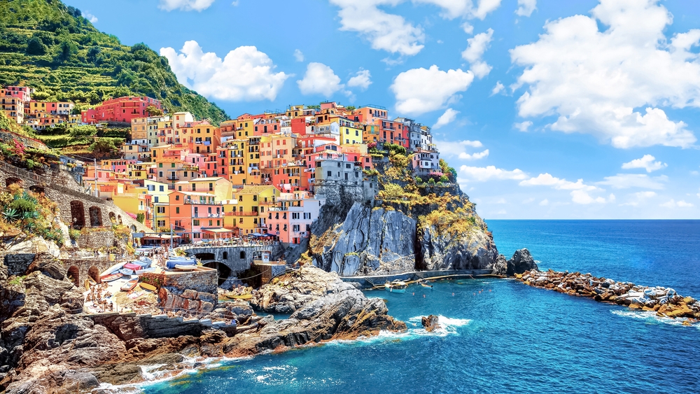 Beautiful view of the city on the rock, Manarola, Italy, Liguria, Cinque Terre.