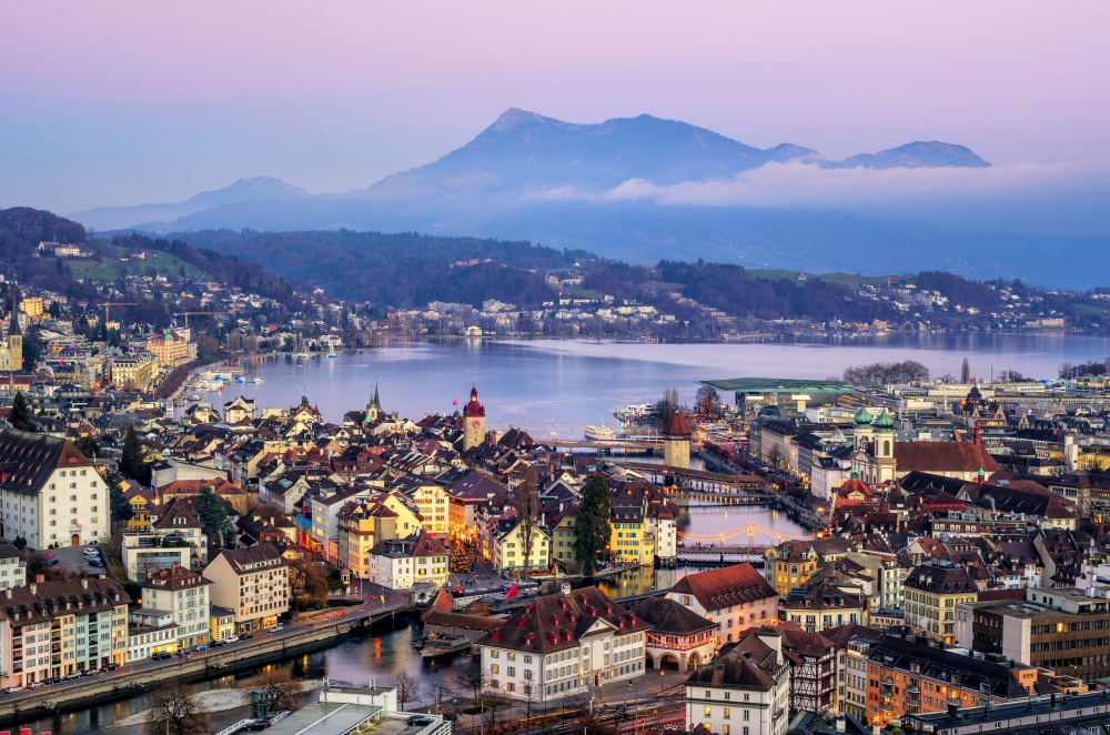 The city of Lucerne in the evening with Mount Rigi in the background.